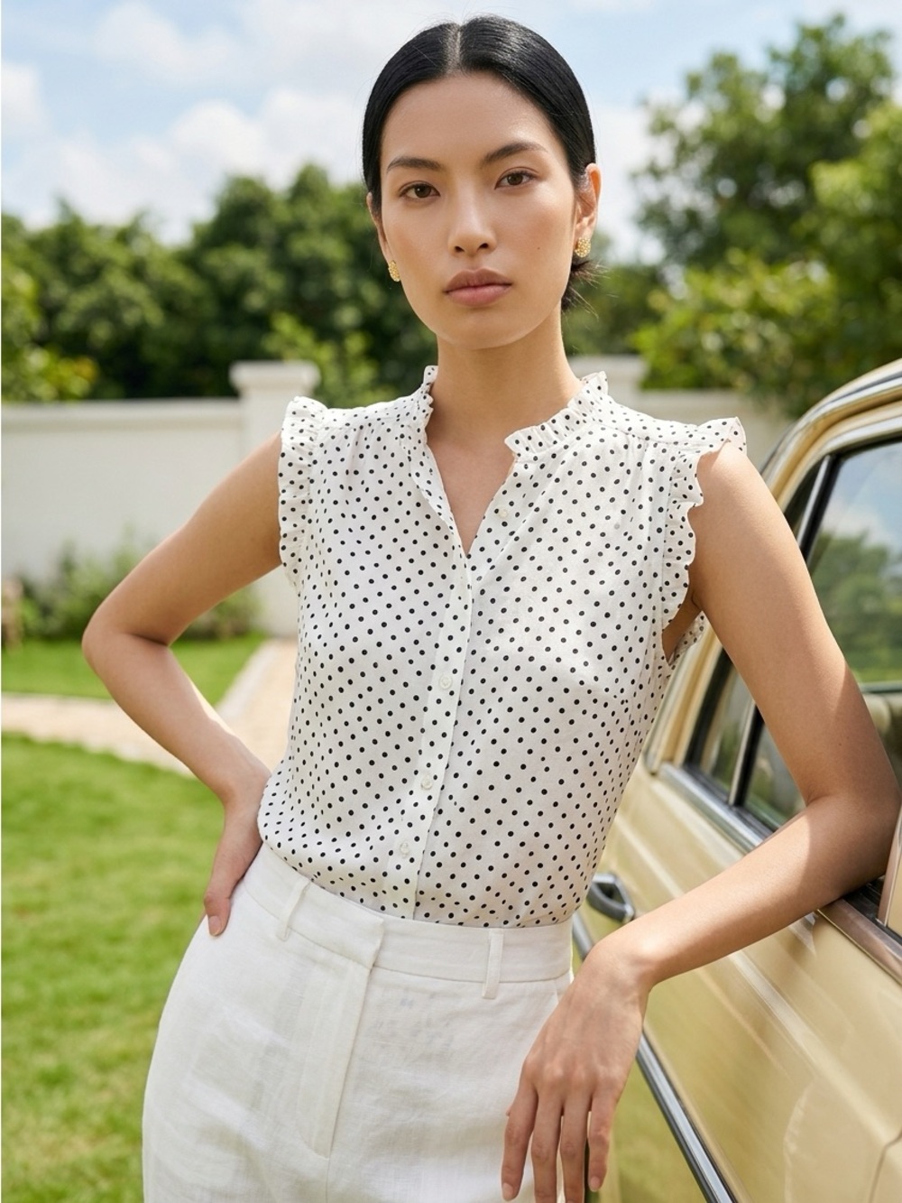 LOFT White Sleeveless Polka Dot Ruffle Blouse